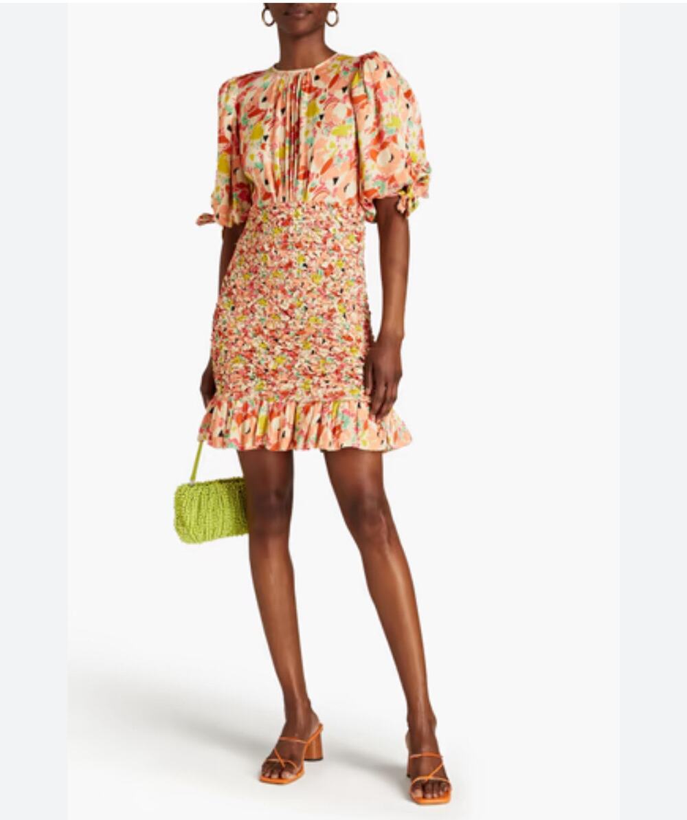 ByTiMo Peach Floral Satin Crepe Shirred Mini Dress Small